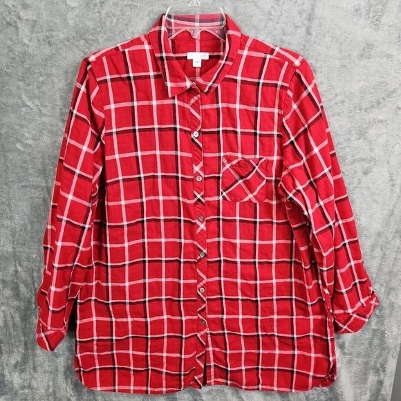J Jill Blouse Womens L Long Sleeve Red Plaid Button Tunic Long Length Pockets - Picture 1 of 12